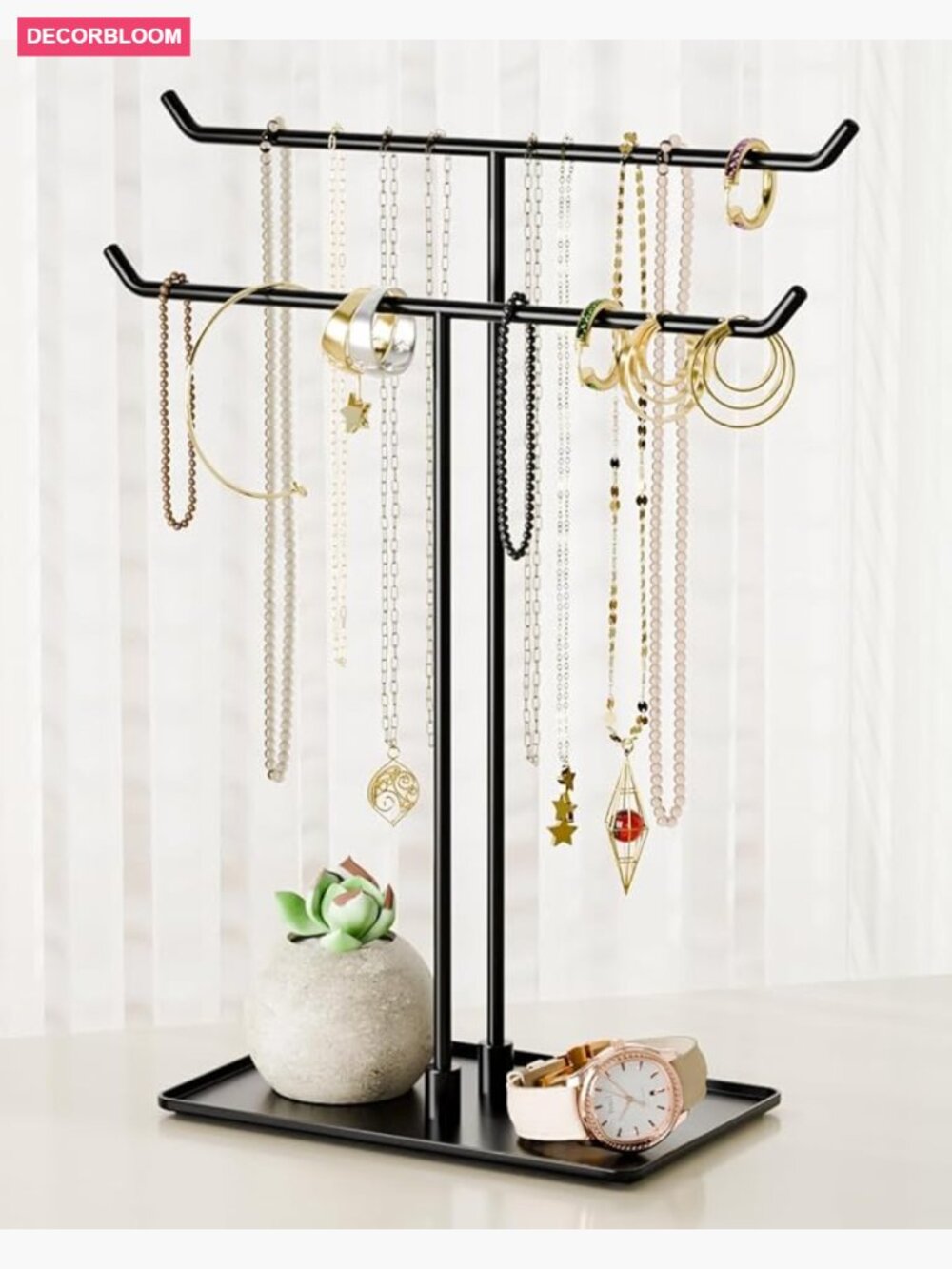 Two Tier Black Metal Necklace Organizer Stand For Jewelry Display